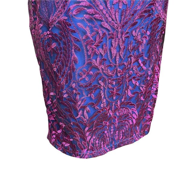 JS Collections Short Sleeve Blue Pink Overlay Metallic Sheath Cocktail Dress - Picture 10 of 12